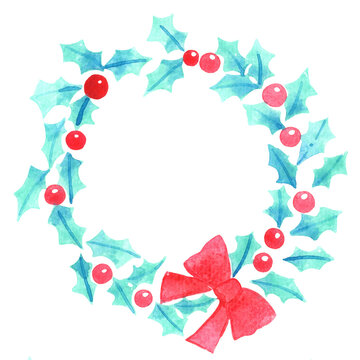 Holly leaves, berry and red bow wreath watercolor for decoration on Christmas holiday event.
