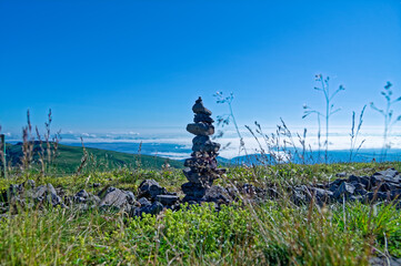 Cairn on the top of volcano in Auvergne (France)