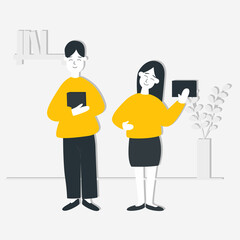 flat illustration of a girl and a guy holding textbooks