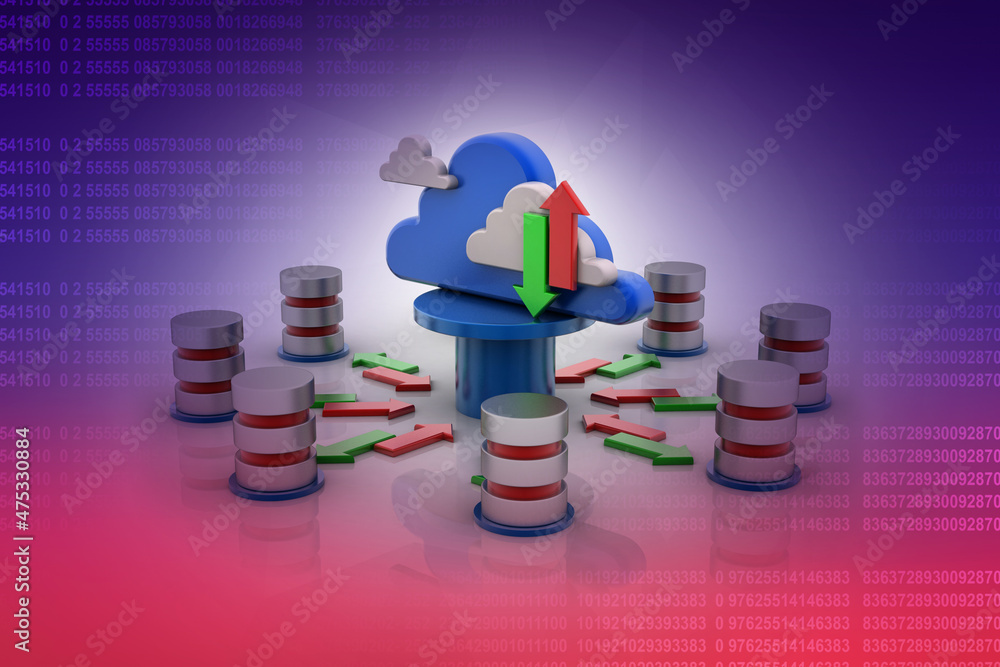 Poster 3d rendering cloud database with transfering arrows