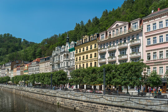 Karlovy Vary, Czech Republic, June 2019 - view of some beautiful houses by the Tepla River