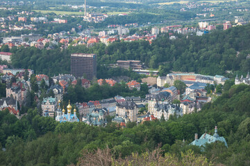 Fototapeta premium Karlovy Vary, Czech Republic, June 2019 - Panoramic view of Karlovy Vary and view of St Peter and St Paul Church, a catholic orthodox church