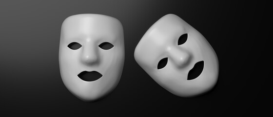 Theater disguise, human face masks. Two white opera masques on black background. 3d illustration