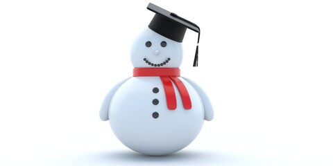 Snowman with a graduate cap on white background. College studies and education.  3d illustration