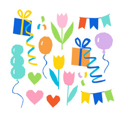 Vector set for stickers or cards on the theme of birthday with flowers, gifts and balloons