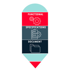 FSD - Functional Specifications Document acronym. business concept background.  vector illustration concept with keywords and icons. lettering illustration with icons for web banner, flyer, landing