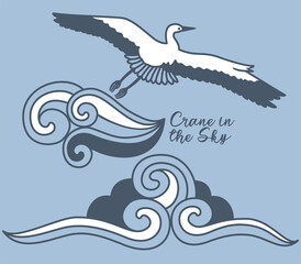 Vector set of illustrations of a crane flying in the sky and stylized clouds