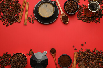 Flat lay composition with ground coffee and roasted beans on red background, space for text