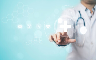 Doctor hand touching white hospital sign and healthcare icons with copy space for assurance and insurance concept.