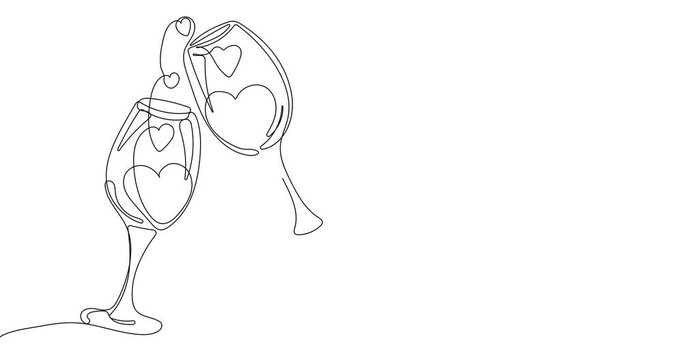Animated continuous line drawing of two glasses of wine in heart shape
