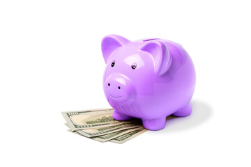 Veri Peri money piggy bank with paper dollar bills isolated on white background.