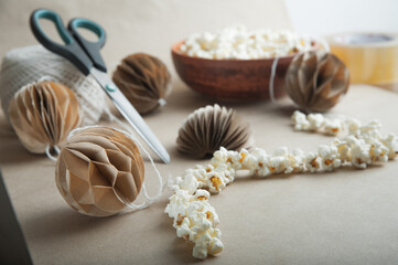 DIY Scandinavian Nordic Craft Paper Christmas Balls and garland of popcorn. Eco friendly New Year...