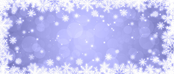 Shiny white frame with snowflakes on a purple blue bokeh background. Festive Christmas banner