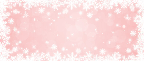 Shiny white frame with snowflakes on a soft pink bokeh background. Festive Christmas banner