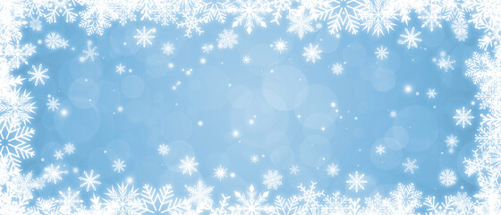 Naklejka na ściany i meble Shiny white frame with snowflakes on a light blue bokeh background. Festive Christmas banner
