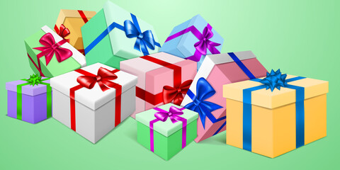 Vector illustration with bunch of colored gift boxes with ribbons and bows on light green background