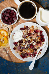 crumble with fresh berries, toast and coffee, vertical closeup