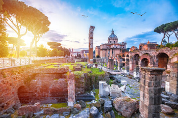 Forum Romanum or Roman Forum dawn colorful view, eternal city of Rome spectacular ancient square view