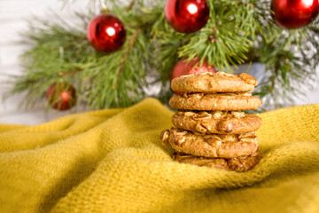  christmas cookies on table with christmas decor. selective focus. New Year