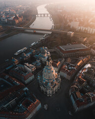 Aerial shot of The Dresden Frauenkirche surrounded by buildings in Germany