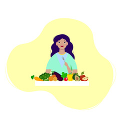 A woman eats vegetables and fruits. Healthy lifestyle. Proper nutrition. Diet.