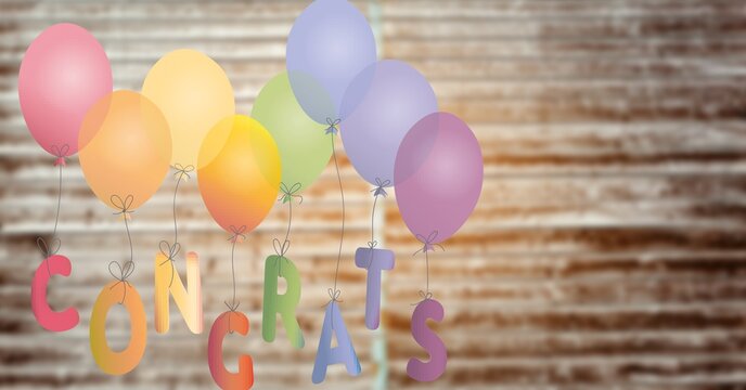 Digitally generated image of congrats text tied to balloons against textured brown background