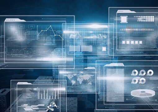 Multiple screens with digital interface with data processing against blue background