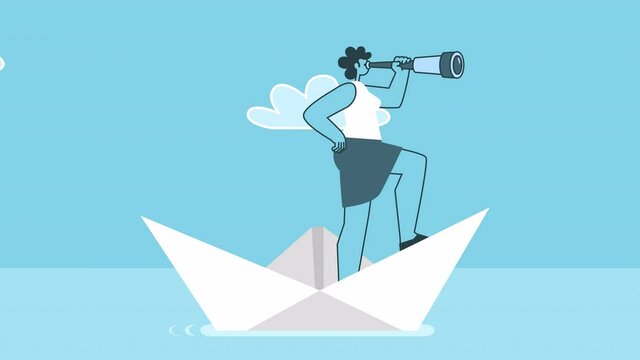 Cartoon woman looking through a telescope of paper boat. Flat Design 2d Character Isolated Loop Animation with Alpha Channel