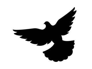 Beautiful flying dove bird peace symbol black silhouette icon vector. Pigeon black silhouette vector isolated on a white background. Flying bird icon