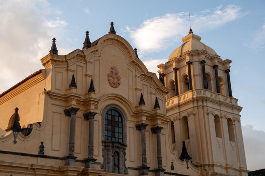 facade of a colonial-style church in the city of Popayan. Colombia.