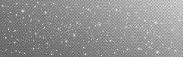 Snow backdrop wide. Falling different flakes. White glowing dust. Snowfall winter effect. Christmas snowflakes for banner or invitation. Vector illustration