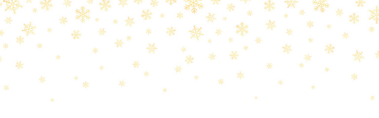 Gold snowflakes falling on white backdrop. Christmas winter decoration. Golden holiday elements. Greeting card background template. Vector illustration