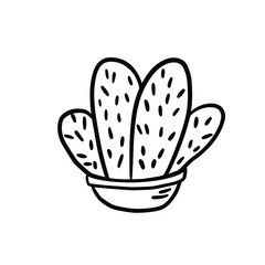 Cartoon jungle succulent vector doodle cactus scribble illustration in black white engraved childish style isolated on white background. Opuntia flower blossom.