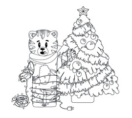 Line drawn Christmas vector illustration. The tiger decorates the Christmas tree. Isolated outline for coloring. Christmas coloring book with garland, balls and cute character.