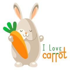 Cute cartoon rabbit hugs beloved carrot. Children's illustration about healthy food. Isolated white background.