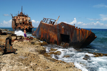 Beached freighter Klein Curacao Island.
