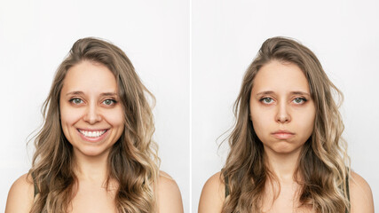 Two portraits of a young caucasian beautiful blonde woman with wavy hair: cheerful and sad isolated on a white background. Before and after. A smile affects appearance. Negative and positive emotions