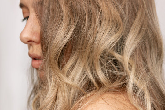 Close-up of the wavy blonde hair of a young blonde woman isolated on a white background. Result of coloring, highlighting, perming. Beauty and fashion. Selective focus