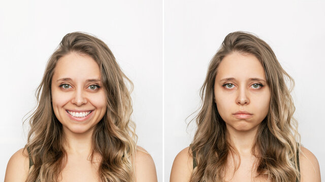 Two Portraits Of A Young Caucasian Beautiful Blonde Woman With Wavy Hair: Cheerful And Sad Isolated On A White Background. Before And After. A Smile Affects Appearance. Negative And Positive Emotions