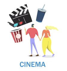 Happy couple going to cinema holding hands, flat vector illustration. Entertainment industry. Romantic date.