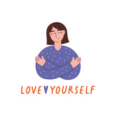 Love yourself. Woman hugging herself on white background. Love your body concept. Take time for your self.  Trendy colors. Flat vector illustration. 