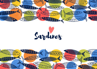 Obraz premium Cute sardines. Poster with colorful fish.