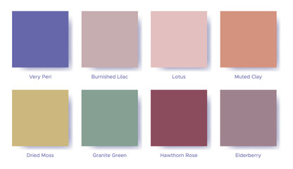 Palette with the color of 2022 Very Peri. Sample color guide palette catalog of swatches. Matching shades for fashion trends - collection Balancing. Vector illustration for fabric, textile, interior