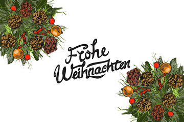 Translation: Merry Christmas. Frohe Weihnachten vector text Calligraphic Lettering design card template. Suitable for greeting card, poster and banner.