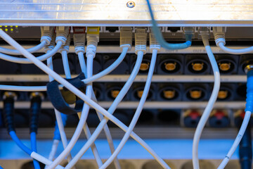 Internet utp or network cables plugged in a router or switch at a tv production engine or box. Back view of a switch panel for live tv production.