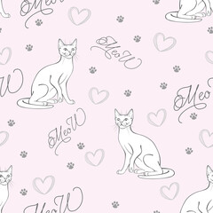 Vector pink seamless pattern with cats and hearts