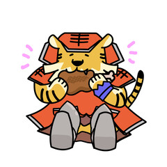 甲冑を着たトラがご飯を食べるイラスト(タンク)RPG風