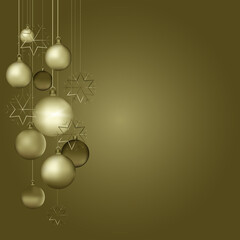 Merry Christmas and New Year Holiday Banner, border, frame, greeting card. Golden Christmas background with golden ornaments,balls,baubles and gold fir branches. Holy Night. New Year Eve