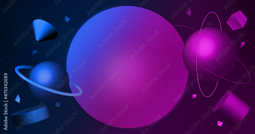 Poster 3d rendering of neon floating geometry and still life displays of planets