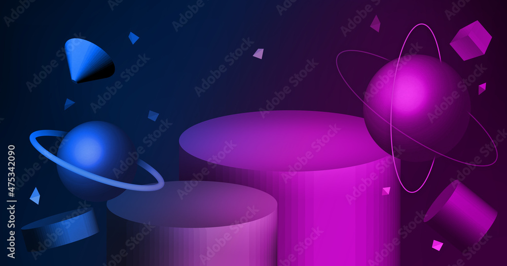 Poster 3d rendering of neon floating geometry and still life displays of planets